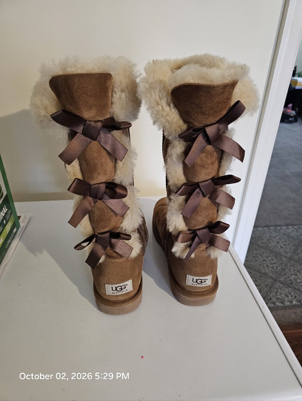 UGG Chestnut Suede Tall Bow-Back Shearling Boots Bailey Bows II